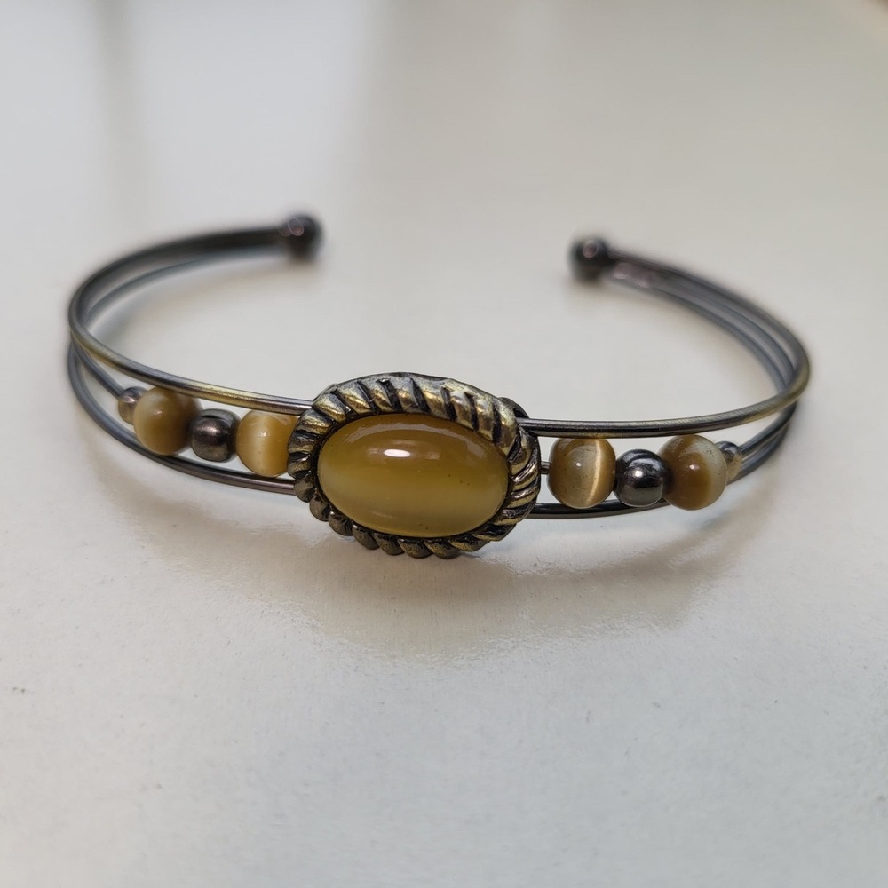 Vintage Cuff Bracelet Yellow Bronze Cat's Eye Bead Triple Wire